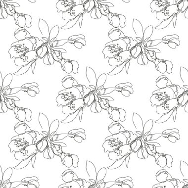 Kiraz çiçekleri, sakura çiçekleri ve tasarım elementleriyle zarif, pürüzsüz bir desen. Davetiyeler için çiçek deseni, kartlar, baskı, hediye paketi, imalat, tekstil, kumaş, duvar kağıtları. Aralıksız çizgi sanatı