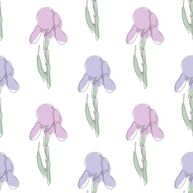 Süsen çiçekleri ve tasarım elementleriyle zarif, pürüzsüz bir desen. Davetiyeler için çiçek deseni, kartlar, baskı, hediye paketi, imalat, tekstil, kumaş, duvar kağıtları. Aralıksız çizgi sanatı