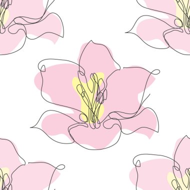 Zambak çiçekleri ve tasarım elementleriyle zarif, pürüzsüz bir desen. Davetiyeler için çiçek deseni, kartlar, baskı, hediye paketi, imalat, tekstil, kumaş, duvar kağıtları. Aralıksız çizgi sanatı