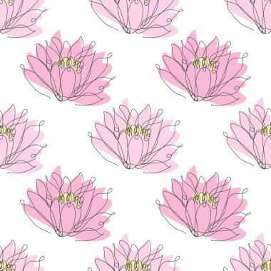 Nilüfer çiçekleri ve tasarım elementleriyle zarif, pürüzsüz bir desen. Davetiyeler için çiçek deseni, kartlar, baskı, hediye paketi, imalat, tekstil, kumaş, duvar kağıtları. Aralıksız çizgi sanatı
