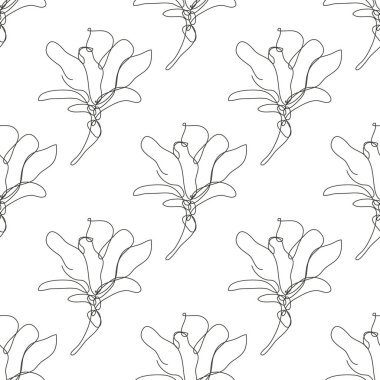 Manolya çiçekleri ve tasarım elementleriyle zarif, pürüzsüz bir desen. Davetiyeler için çiçek deseni, kartlar, baskı, hediye paketi, imalat, tekstil, kumaş, duvar kağıtları. Aralıksız çizgi sanatı