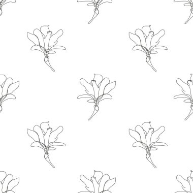 Manolya çiçekleri ve tasarım elementleriyle zarif, pürüzsüz bir desen. Davetiyeler için çiçek deseni, kartlar, baskı, hediye paketi, imalat, tekstil, kumaş, duvar kağıtları. Aralıksız çizgi sanatı