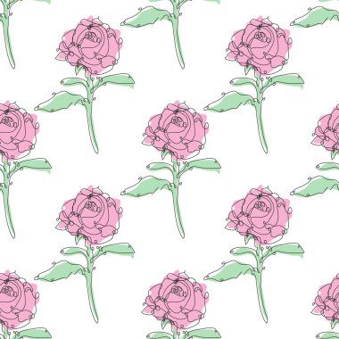 Gül çiçekleri ve tasarım elementleriyle zarif, pürüzsüz bir desen. Davetiyeler için çiçek deseni, kartlar, baskı, hediye paketi, imalat, tekstil, kumaş, duvar kağıtları. Aralıksız çizgi sanatı