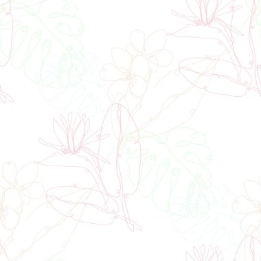 Plumeria ve strelitzia çiçekleriyle zarif, pürüzsüz desen, tasarım elementleri. Davetiyeler için çiçek deseni, kartlar, baskı, hediye paketi, imalat, tekstil, kumaş, duvar kağıtları. Aralıksız çizgi sanatı