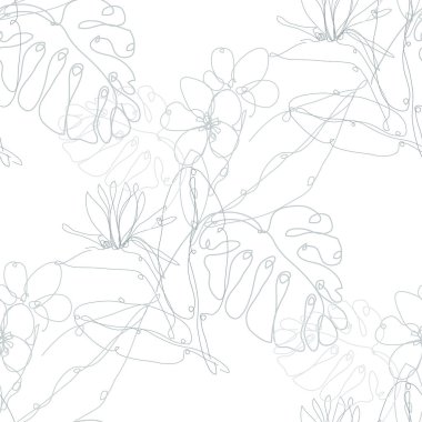 Plumeria ve strelitzia çiçekleriyle zarif, pürüzsüz desen, tasarım elementleri. Davetiyeler için çiçek deseni, kartlar, baskı, hediye paketi, imalat, tekstil, kumaş, duvar kağıtları. Aralıksız çizgi sanatı