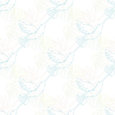 Kolibris, Monstera ve Strelitzia 'lı zarif, pürüzsüz desen, tasarım elementleri. Davetiyeler için çiçek deseni, kartlar, baskı, hediye paketi, imalat, tekstil, kumaş, duvar kağıtları. Aralıksız çizgi sanatı