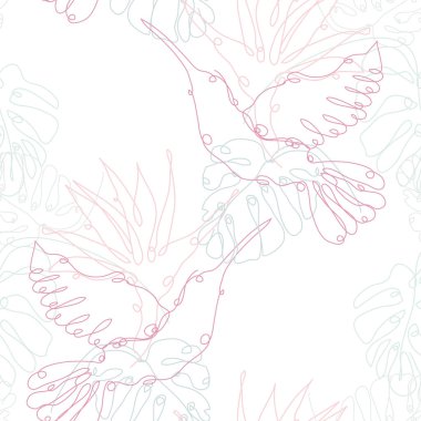 Kolibris, Monstera ve Strelitzia 'lı zarif, pürüzsüz desen, tasarım elementleri. Davetiyeler için çiçek deseni, kartlar, baskı, hediye paketi, imalat, tekstil, kumaş, duvar kağıtları. Aralıksız çizgi sanatı