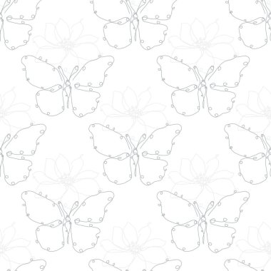Kelebekli, şakayıklı, tasarım elementli zarif, pürüzsüz bir desen. Davetiyeler için çiçek deseni, kartlar, baskı, hediye paketi, imalat, tekstil, kumaş, duvar kağıtları. Aralıksız çizgi sanatı
