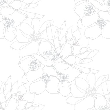 Çiçekli, tasarım elementli zarif, pürüzsüz bir desen. Davetiyeler için çiçek deseni, kartlar, baskı, hediye paketi, imalat, tekstil, kumaş, duvar kağıtları. Aralıksız çizgi sanatı