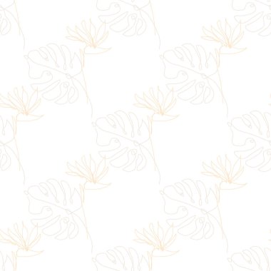 Canavarlar ve strelitzia çiçekleri ile zarif, pürüzsüz desen, tasarım elementleri. Davetiyeler için çiçek deseni, kartlar, baskı, hediye paketi, imalat, tekstil, kumaş, duvar kağıtları. Aralıksız çizgi sanatı