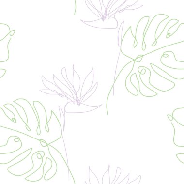 Canavarlar ve strelitzia çiçekleri ile zarif, pürüzsüz desen, tasarım elementleri. Davetiyeler için çiçek deseni, kartlar, baskı, hediye paketi, imalat, tekstil, kumaş, duvar kağıtları. Aralıksız çizgi sanatı