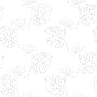 Canavarlar ve strelitzia çiçekleri ile zarif, pürüzsüz desen, tasarım elementleri. Davetiyeler için çiçek deseni, kartlar, baskı, hediye paketi, imalat, tekstil, kumaş, duvar kağıtları. Aralıksız çizgi sanatı