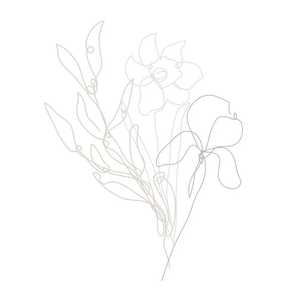 Decorative hand drawn daffodil and iris flowers, design elements. Can be used for cards, invitations, banners, posters, print design. Continuous line art style