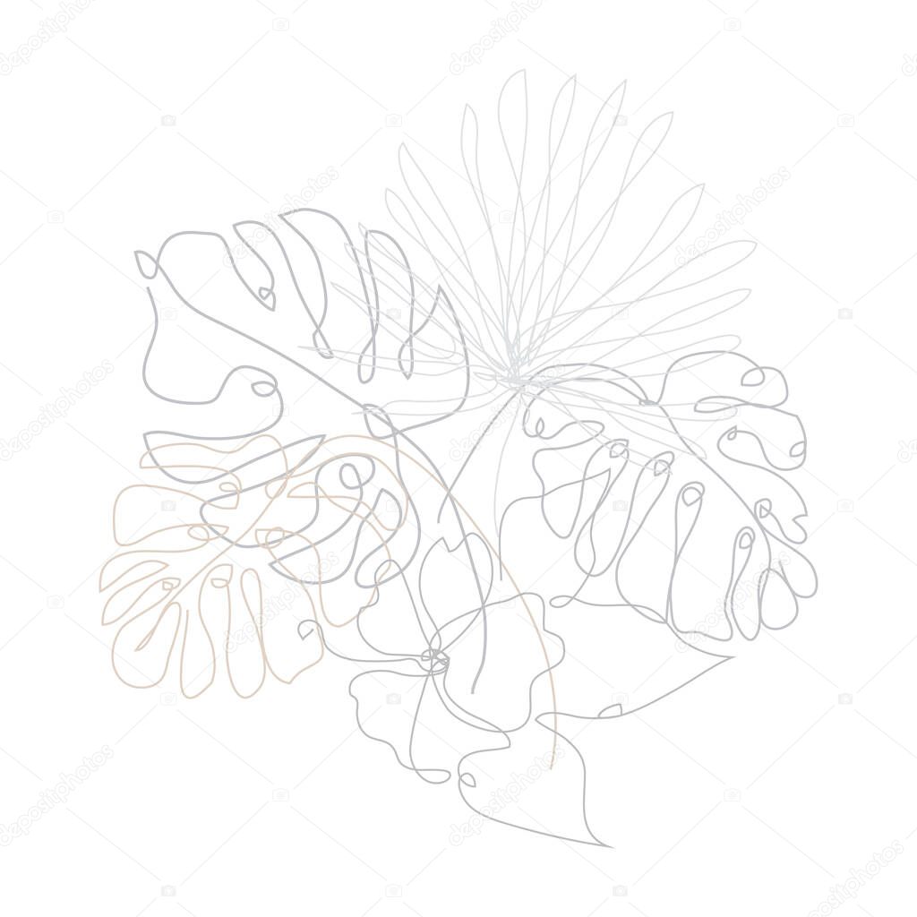 Decorative hand drawn tropical leaves and hibiscus, design elements. Can be used for cards, invitations, banners, posters, print design. Continuous line art style