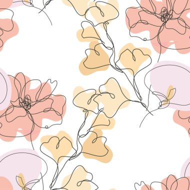 Haşhaş, kalla, gingko ve tasarım elementleriyle zarif, pürüzsüz bir desen. Davetiyeler için çiçek deseni, kartlar, baskı, hediye paketi, imalat, tekstil, kumaş, duvar kağıtları. Aralıksız çizgi sanatı