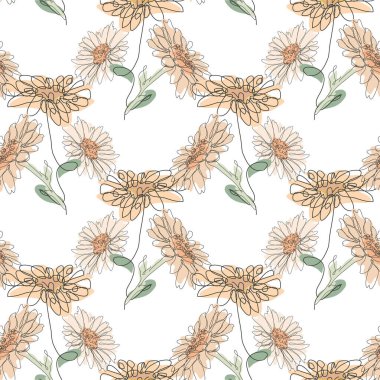 Papatya çiçekleri ve tasarım elementleriyle zarif, pürüzsüz bir desen. Davetiyeler için çiçek deseni, kartlar, baskı, hediye paketi, imalat, tekstil, kumaş, duvar kağıtları. Aralıksız çizgi sanatı