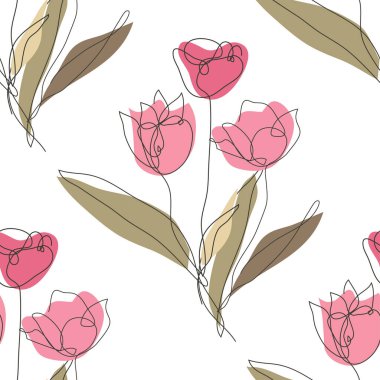 Lale çiçekleri ve tasarım elementleriyle zarif, pürüzsüz bir desen. Davetiyeler için çiçek deseni, kartlar, baskı, hediye paketi, imalat, tekstil, kumaş, duvar kağıtları. Aralıksız çizgi sanatı