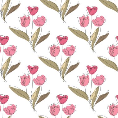 Lale çiçekleri ve tasarım elementleriyle zarif, pürüzsüz bir desen. Davetiyeler için çiçek deseni, kartlar, baskı, hediye paketi, imalat, tekstil, kumaş, duvar kağıtları. Aralıksız çizgi sanatı