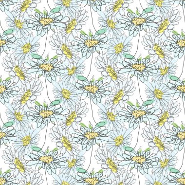 Papatya çiçekleri ve tasarım elementleriyle zarif, pürüzsüz bir desen. Davetiyeler için çiçek deseni, kartlar, baskı, hediye paketi, imalat, tekstil, kumaş, duvar kağıtları. Aralıksız çizgi sanatı