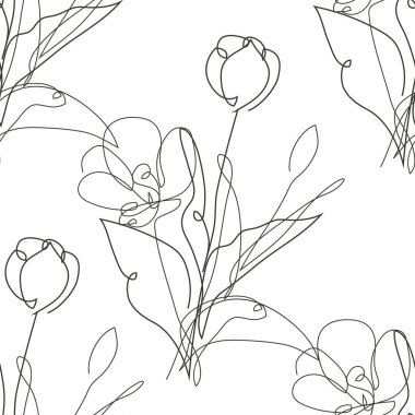 Lale çiçekleri ve tasarım elementleriyle zarif, pürüzsüz bir desen. Davetiyeler için çiçek deseni, kartlar, baskı, hediye paketi, imalat, tekstil, kumaş, duvar kağıtları. Aralıksız çizgi sanatı