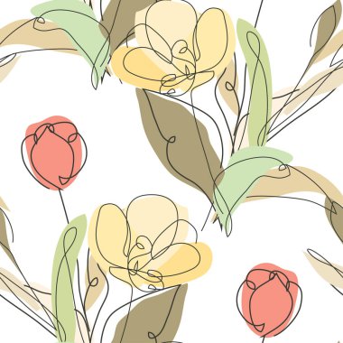 Lale çiçekleri ve tasarım elementleriyle zarif, pürüzsüz bir desen. Davetiyeler için çiçek deseni, kartlar, baskı, hediye paketi, imalat, tekstil, kumaş, duvar kağıtları. Aralıksız çizgi sanatı