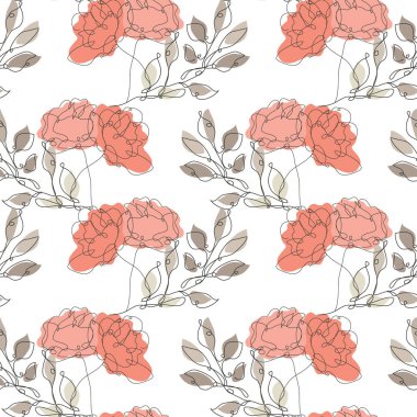 Gül çiçekleri ve yaprakları olan zarif, pürüzsüz desen, tasarım elementleri. Davetiyeler için çiçek deseni, kartlar, baskı, hediye paketi, imalat, tekstil, kumaş, duvar kağıtları. Aralıksız çizgi sanatı