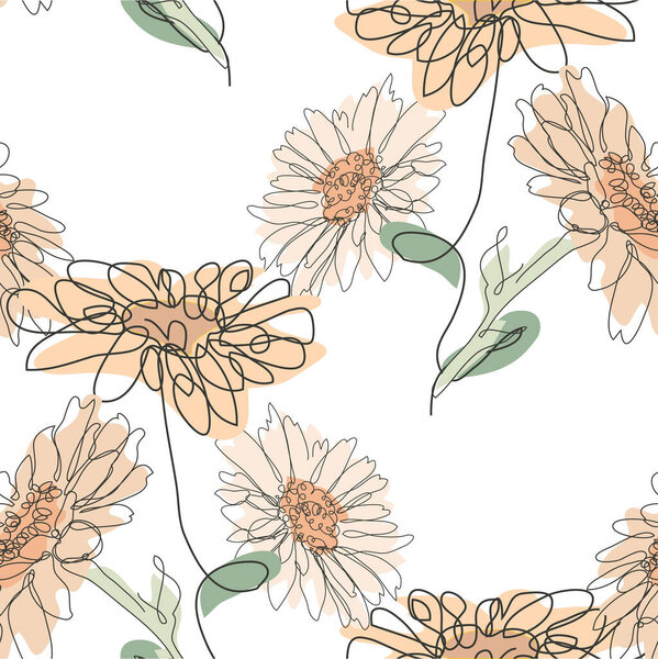 Элегантный бесшовный узор с ромашковыми цветами, элементами дизайна. Цветочный узор для приглашений, открыток, печати, подарочной упаковки, производства, текстиля, ткани, обоев. Непрерывный художественный стиль