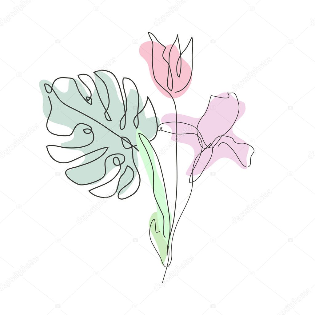 Decorative hand drawn tulip, iris, monstera, design elements. Can be used for cards, invitations, banners, posters, print design. Continuous line art style