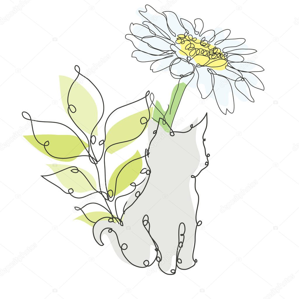 Decorative hand drawn cat, chamomile and leaves, design elements. Can be used for cards, invitations, banners, posters, print design. Continuous line art style