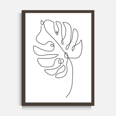 Dekoratif sürekli çizgi canavar yaprağı çiziyor, tasarım elementi. Duvar baskıları, kartlar, davetiyeler, afişler, posterler, baskı tasarımı için kullanılabilir. Minimalist çizgi sanatı. Duvar dekoru