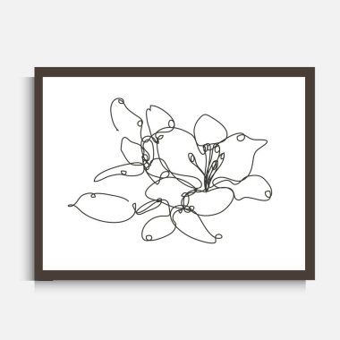 Süslü, sürekli çizgi, zambak çiçeği çizimi, tasarım elementi. Duvar baskıları, kartlar, davetiyeler, afişler, posterler, baskı tasarımı için kullanılabilir. Minimalist çizgi sanatı. Duvar dekoru