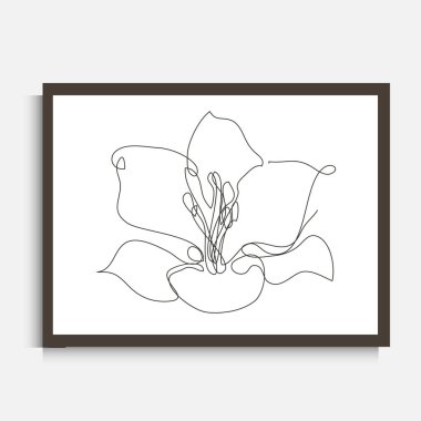 Süslü, sürekli çizgi, zambak çiçeği çizimi, tasarım elementi. Duvar baskıları, kartlar, davetiyeler, afişler, posterler, baskı tasarımı için kullanılabilir. Minimalist çizgi sanatı. Duvar dekoru