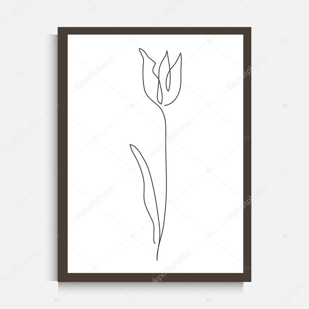 Decorative continuous line drawing tulip flower, design element. Can be used for wall prints, cards, invitations, banners, posters, print design. Minimalist line art. Wall decor