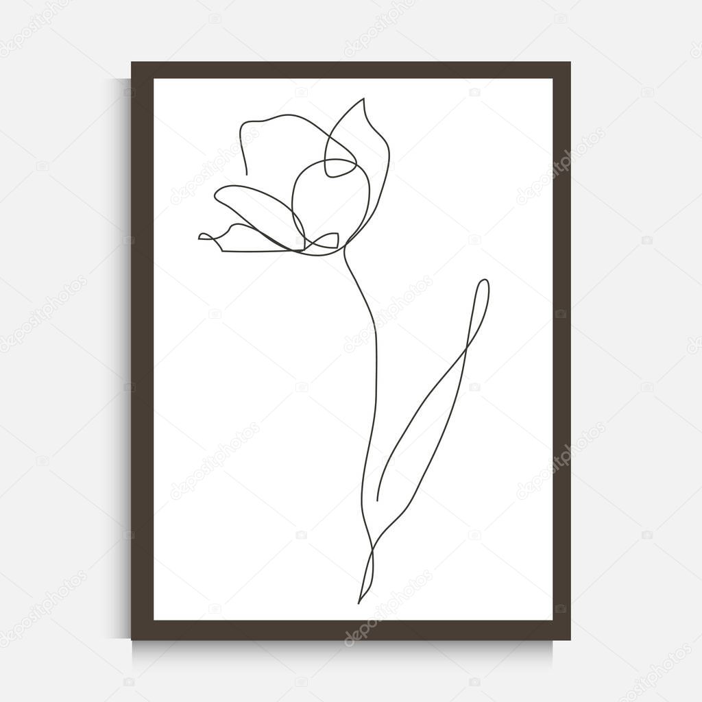 Decorative continuous line drawing tulip flower, design element. Can be used for wall prints, cards, invitations, banners, posters, print design. Minimalist line art. Wall decor