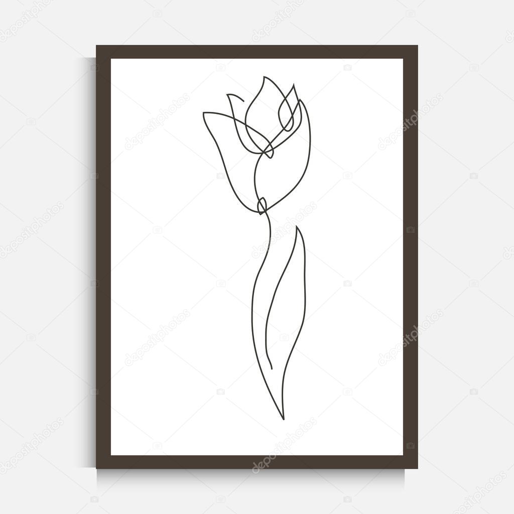 Decorative continuous line drawing tulip flower, design element. Can be used for wall prints, cards, invitations, banners, posters, print design. Minimalist line art. Wall decor