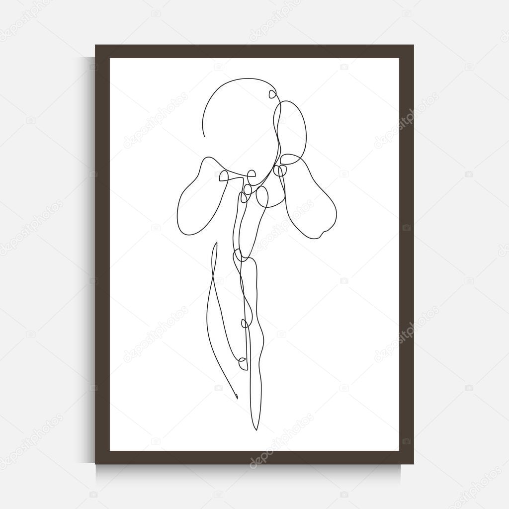 Decorative continuous line drawing iris flower, design element. Can be used for wall prints, cards, invitations, banners, posters, print design. Minimalist line art. Wall decor