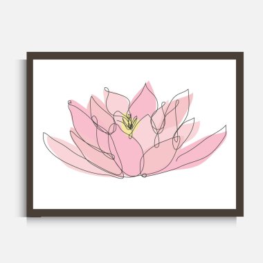 Süslü, sürekli bir çizgi çizerek nilüfer çiçeği, tasarım elementi. Duvar baskıları, kartlar, davetiyeler, afişler, posterler, baskı tasarımı için kullanılabilir. Minimalist çizgi sanatı. Duvar dekoru