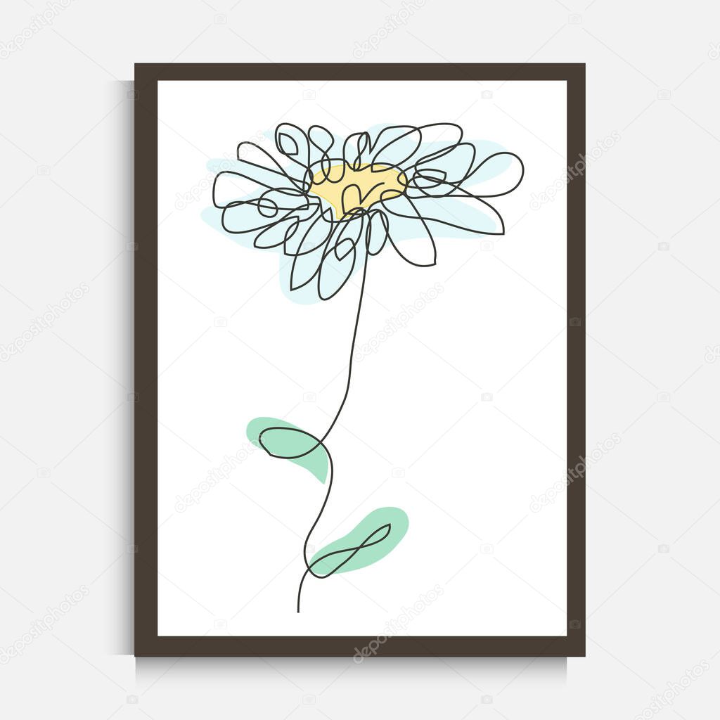 Decorative continuous line drawing chamomile flower, design element. Can be used for wall prints, cards, invitations, banners, posters, print design. Minimalist line art. Wall decor