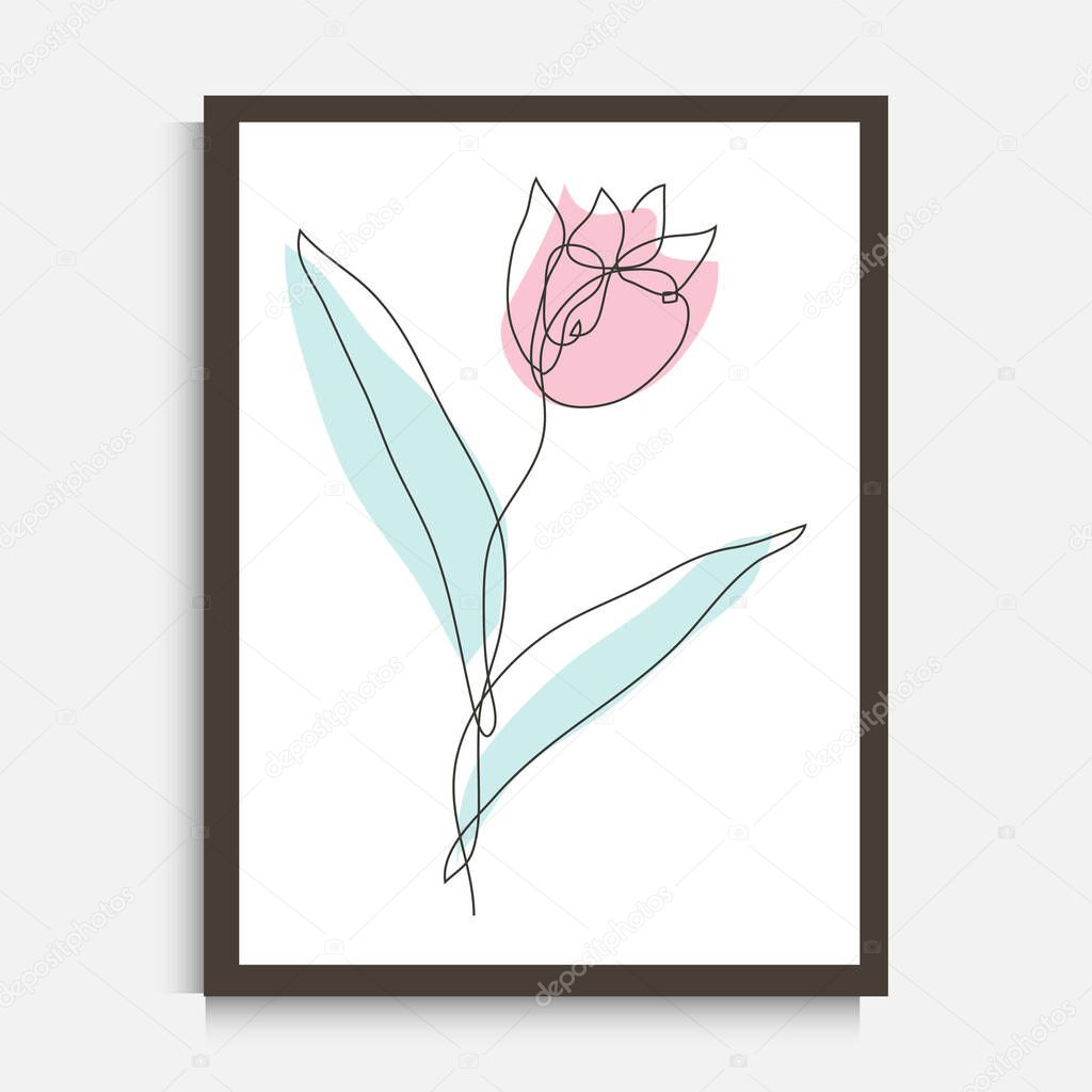 Decorative continuous line drawing tulip flower, design element. Can be used for wall prints, cards, invitations, banners, posters, print design. Minimalist line art. Wall decor