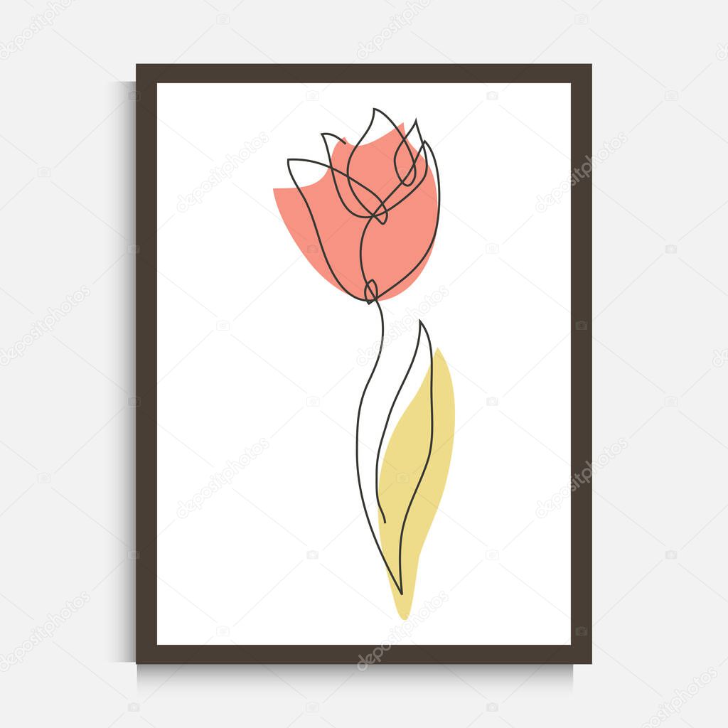 Decorative continuous line drawing tulip flower, design element. Can be used for wall prints, cards, invitations, banners, posters, print design. Minimalist line art. Wall decor