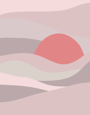 Soyut günbatımı, tasarım öğesi. Orta çağ modern minimalist sanatı. Duvar resimleri, baskılar, posterler, duvar kağıtları, kumaş, ambalaj kağıdı, kırtasiye malzemeleri, cevap kartları, web fırınları için kullanılabilir