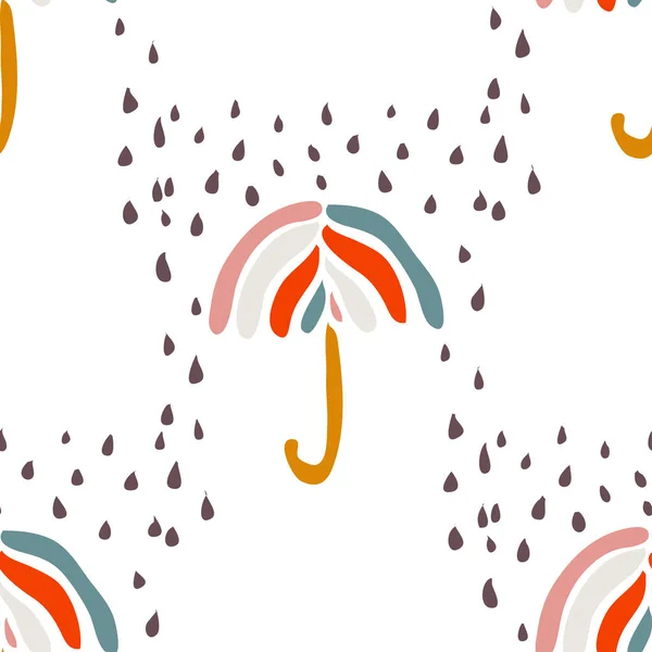 Abstraktes Nahtloses Muster Mit Regenschirmen Unter Dem Regen Gestaltungselemente Mitte — Stockvektor