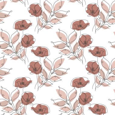 Haşhaş çiçekleri ve tasarım elementleriyle zarif, pürüzsüz bir desen. Davetiyeler için çiçek deseni, kartlar, baskı, hediye paketi, imalat, tekstil, kumaş, duvar kağıtları. Aralıksız çizgi sanatı