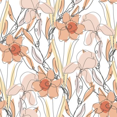 Nergisli, süsen çiçekli, tasarım elementli zarif, pürüzsüz bir desen. Davetiyeler için çiçek deseni, kartlar, baskı, hediye paketi, imalat, tekstil, kumaş, duvar kağıtları. Aralıksız çizgi sanatı