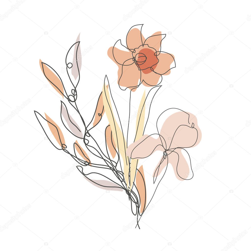 Decorative hand drawn daffodil and iris, design elements. Can be used for cards, invitations, banners, posters, print design. Continuous line art style