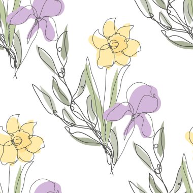 Nergisli, süsen çiçekli, tasarım elementli zarif, pürüzsüz bir desen. Davetiyeler için çiçek deseni, kartlar, baskı, hediye paketi, imalat, tekstil, kumaş, duvar kağıtları. Aralıksız çizgi sanatı