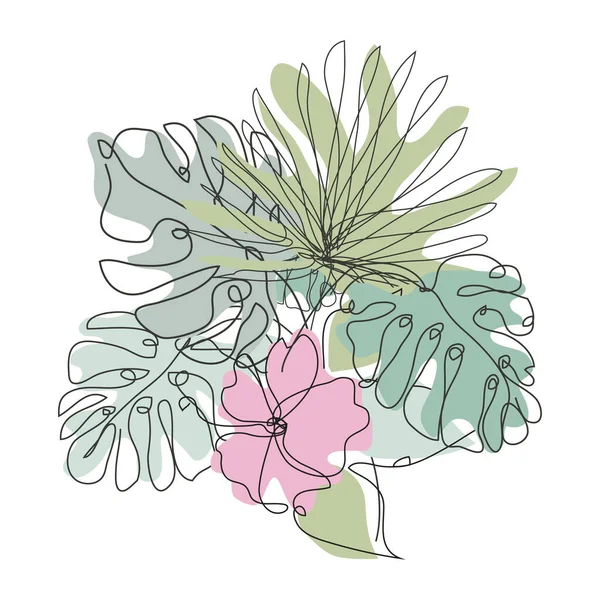 Dekorative Handgezeichnete Hibiskus Und Tropische Blätter Gestaltungselement Kann Für Karten — Stockvektor