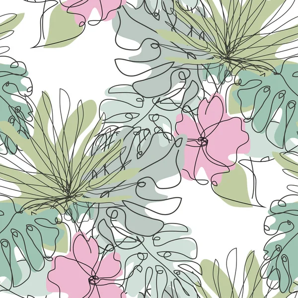 Élégant Motif Sans Couture Avec Hibiscus Feuilles Tropicales Éléments Design — Image vectorielle