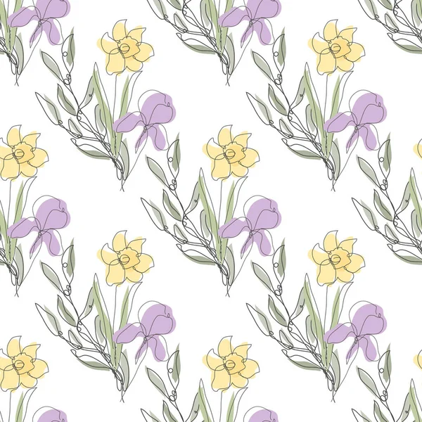 Elegante Naadloze Patroon Met Narcissen Iris Bloemen Design Elementen Bloemen — Stockvector