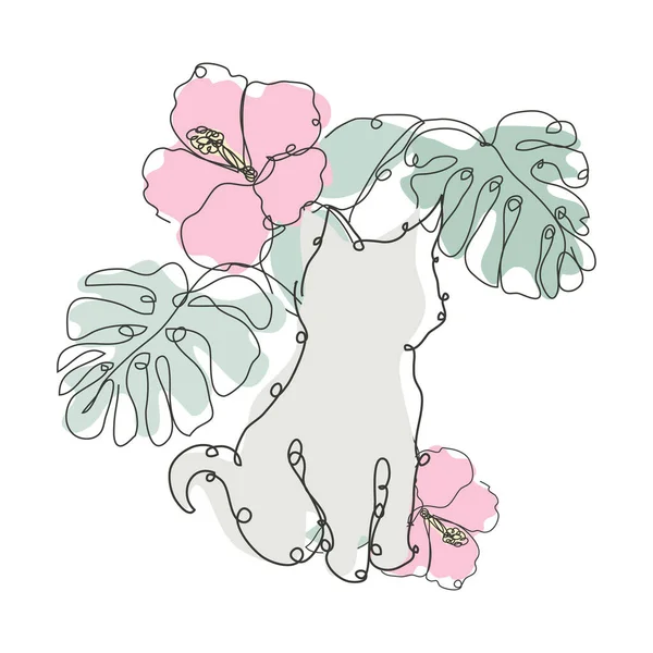 Dekorative Handgezeichnete Katze Hibiskus Und Monstera Designelemente Kann Für Karten — Stockvektor